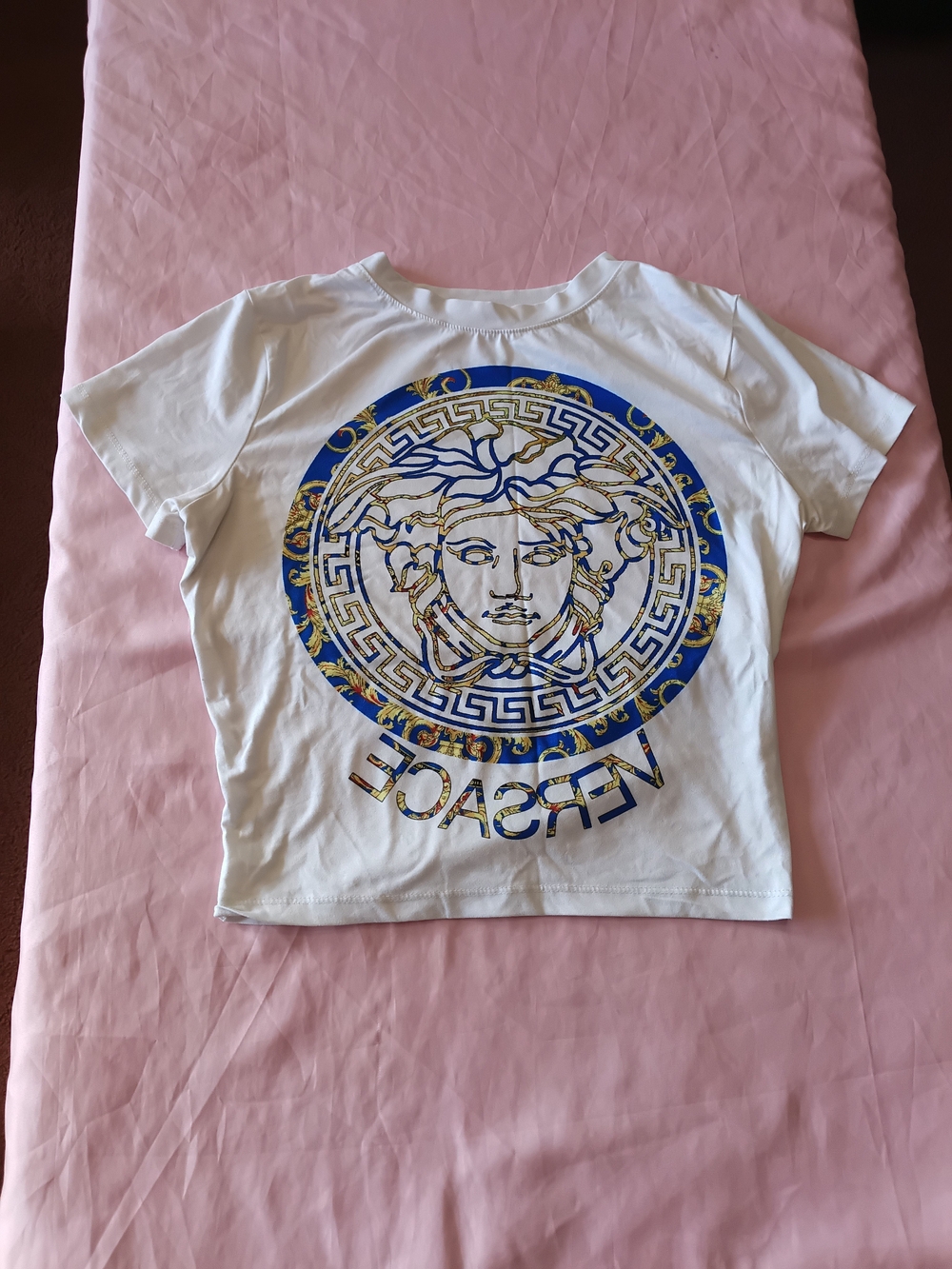 White Tee with Blue and Gold Medusa Emblem Sz. Small